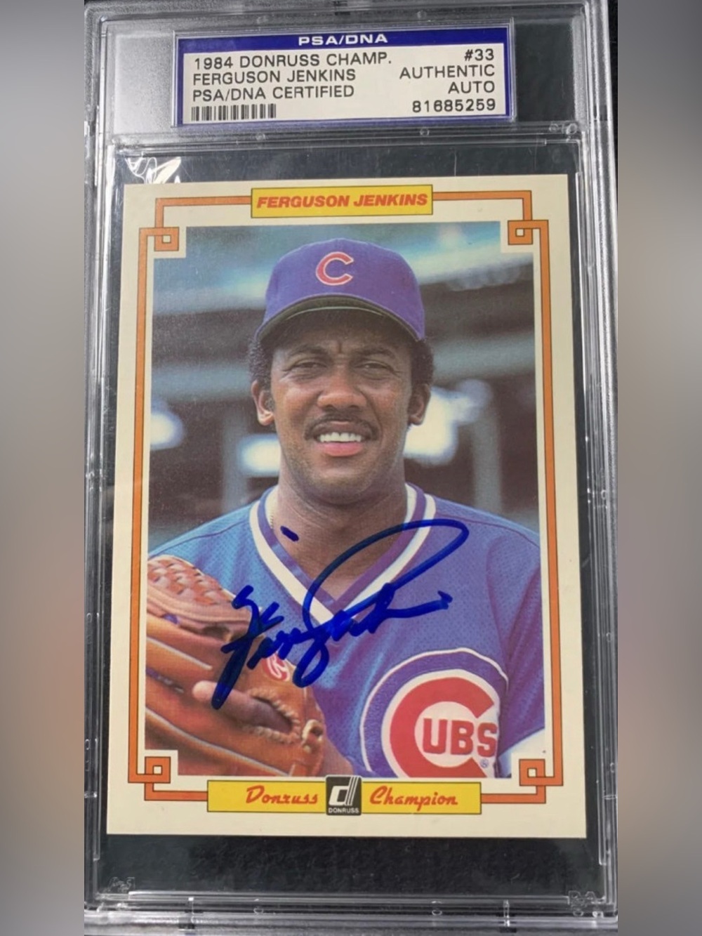 Autograph FERGUSON JENKINS 1984 DONRUSS CHAMPION JUMBO CARD #33 PSA
